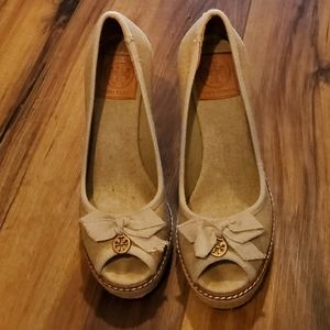 Tory Burch "Jackie" espadrille wedge peeptoe shoe